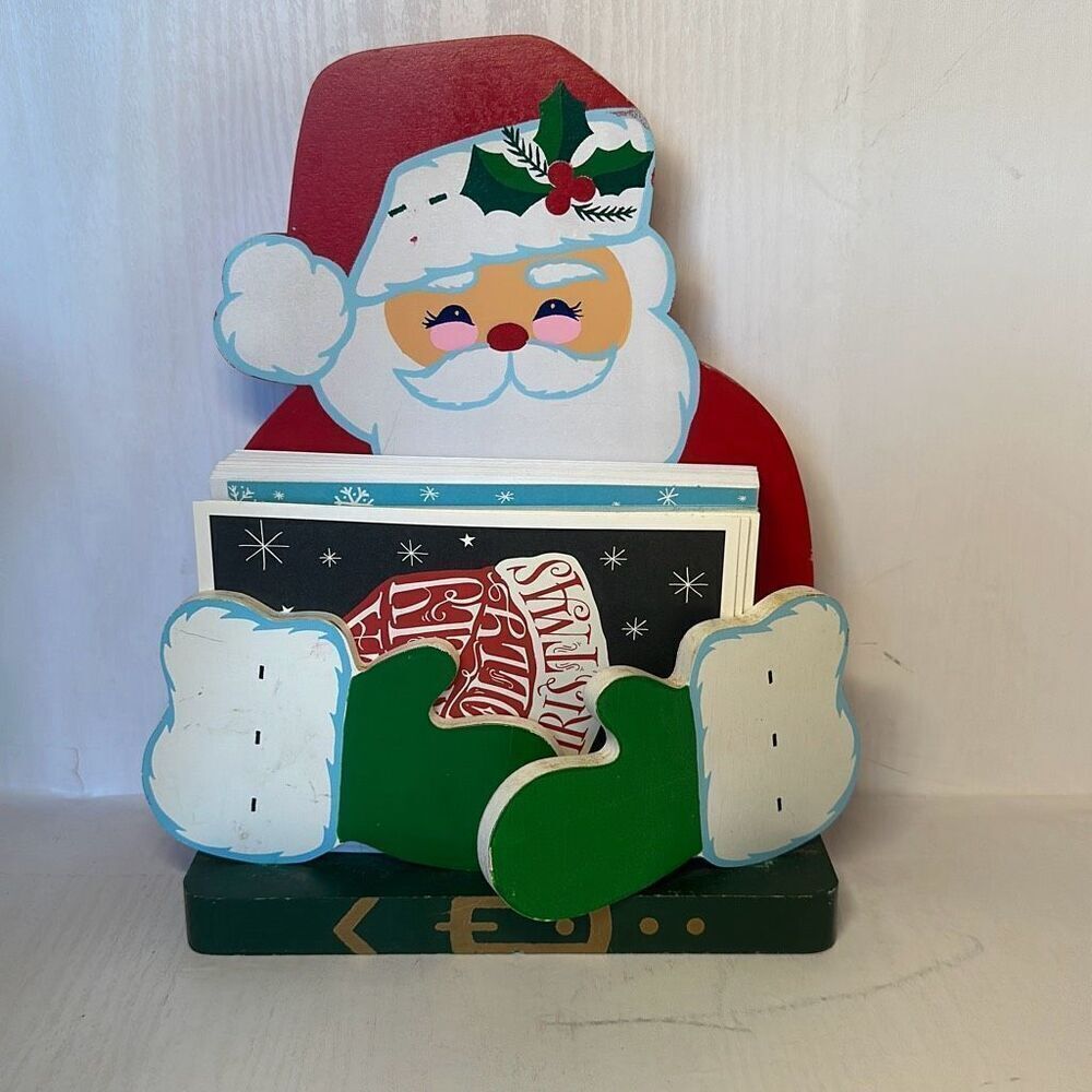 1985 Lillian Vernon 12" Wooden Jolly Santa Claus Christmas Card or Napkin Holder